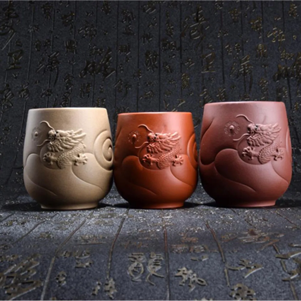 All handmade China yixing purple clay zisha cups mini dessert cups Relief dragon cup chinese tea