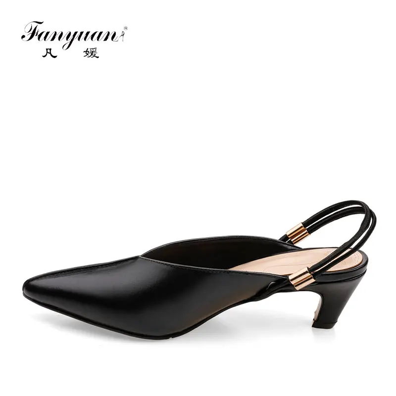 

Fanyuan 2018 Fashion Genuine Leather Shoes V Mouth Mule Shoes Women Heel Pointed Toe Office Lady Dress Shoes Nightclub Footwear