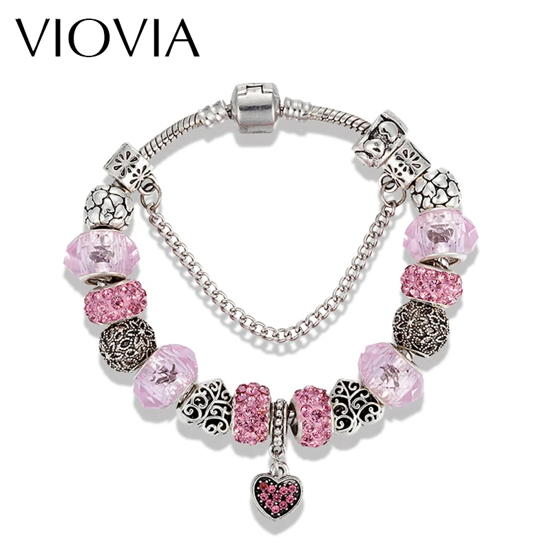 

VIOVIA 2019 European Heart Charm Bracelets Love Stone For Women Pink Crystal Bead Bracelets & Bangles DIY Jewelry B16066