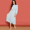SHEIN Frill and Lace Trim Half Placket Dot Jacquard Long Dress Stand Collar Midi Dress Women Long Sleeve A Line Elegant Dress