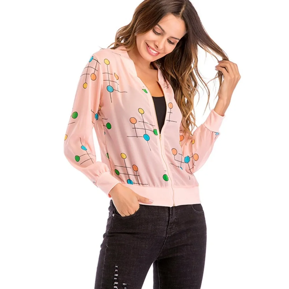 2018 Colorful Dot Print Jackets Women Thin Coats Zipper Rib Long Sleeve