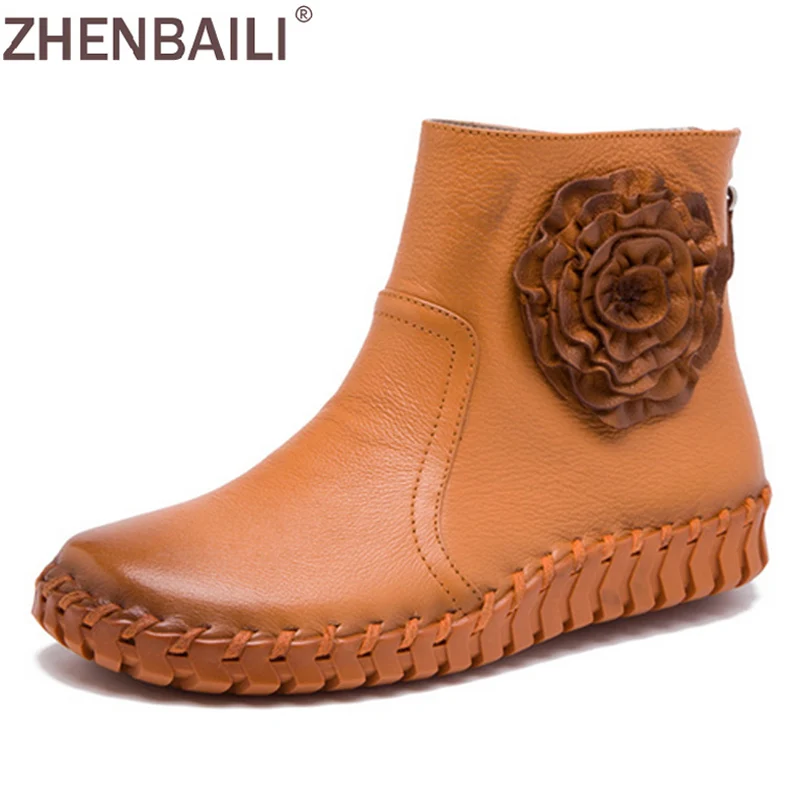 

ZHENBAILI Quality Hand Sewing Women Shoes 2017 Autumn Fashion Genuine Leather Soft Casual Ankle Boots Zipper Flower Flat Shoes
