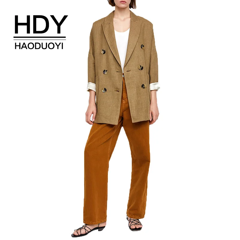 

HDY Haoduoyi Woman Retro Double Row Button Coat Texture Fabric Decoration Commute Lady Office Style Loose Simple Casual