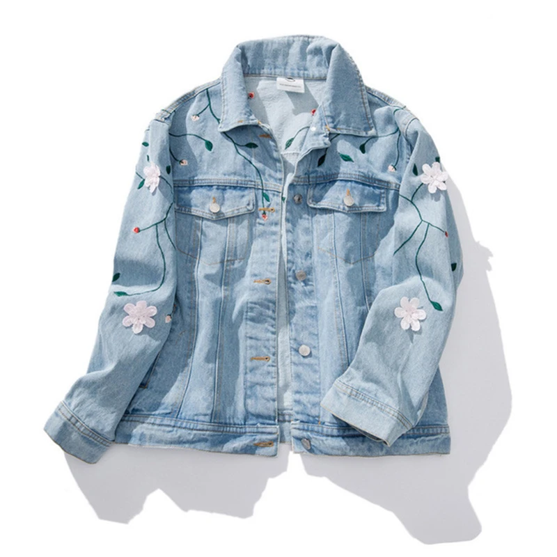 

2019 Spring Embroidery Denim jacket Women Casual Basic Coat Fashion Jeans Jacket Ladies Loose Plus size Long sleeve Denim coat