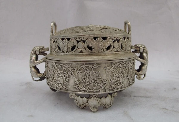 

Collectible bronze lion statue S0813 4 Chinese White Copper Silver Evil Fu Foo Dog Lion beast Censer incense burner (B0413)