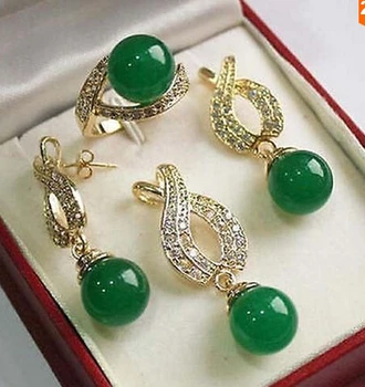 

925 Jewelry 12mm Green gem Pendant Necklace Earrings Ring set AAA>jewelry Quartz Crystal Women Wedding natural Luxury Ms. girl