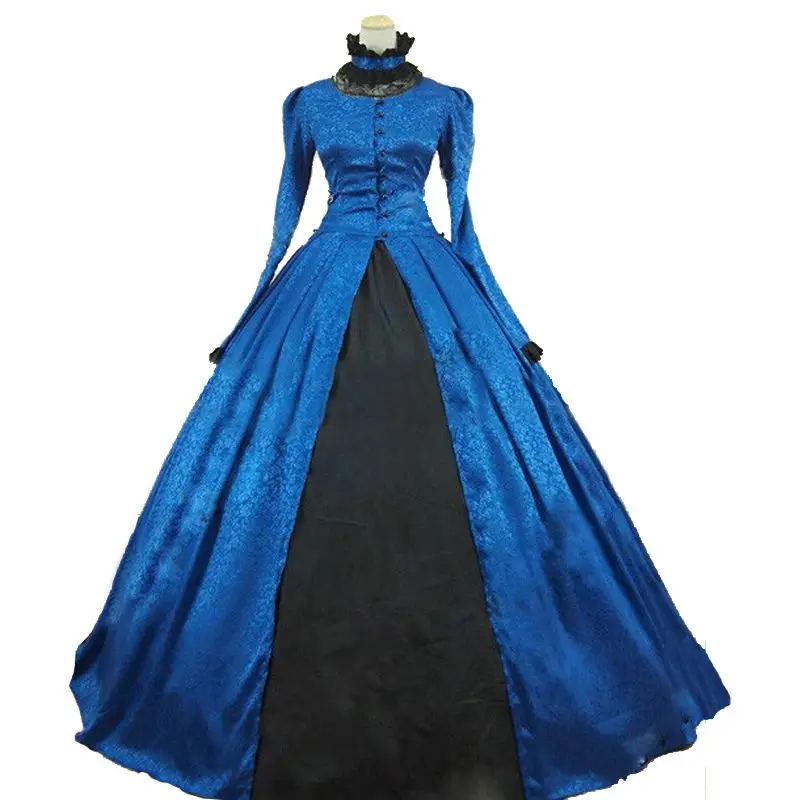 

2018 Stand Collar Gothic Victorian Party Princess Dress Retro Long Sleeve Blue Masquerade Party Ball Gowns Costume