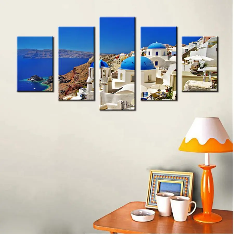 Wall Art Canvas Prints Santorini Island Greece White House Church Blue Domes Aegean Sea Canvas