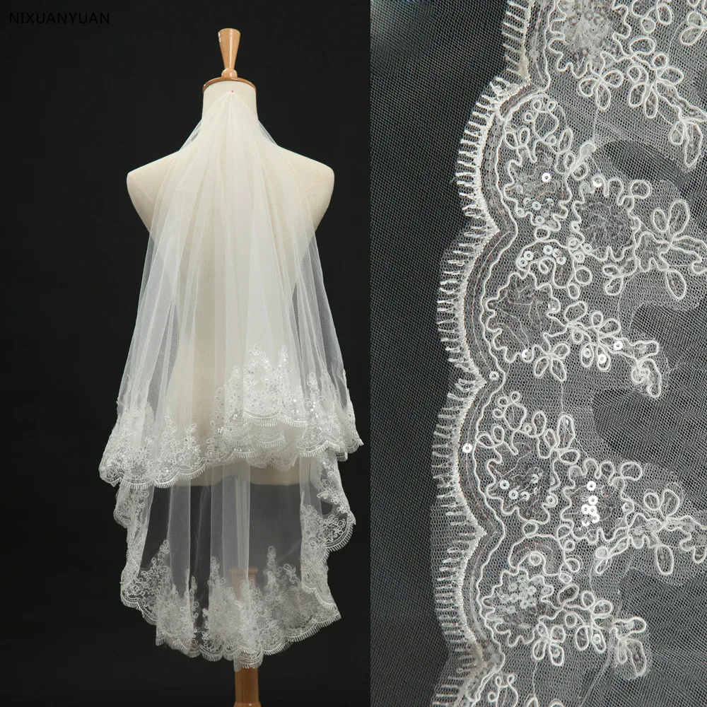 

Two Layer Short Wedding Veil with Comb Lace Appliques Sequins Bride Veil Voile Mariage Wedding Accessories