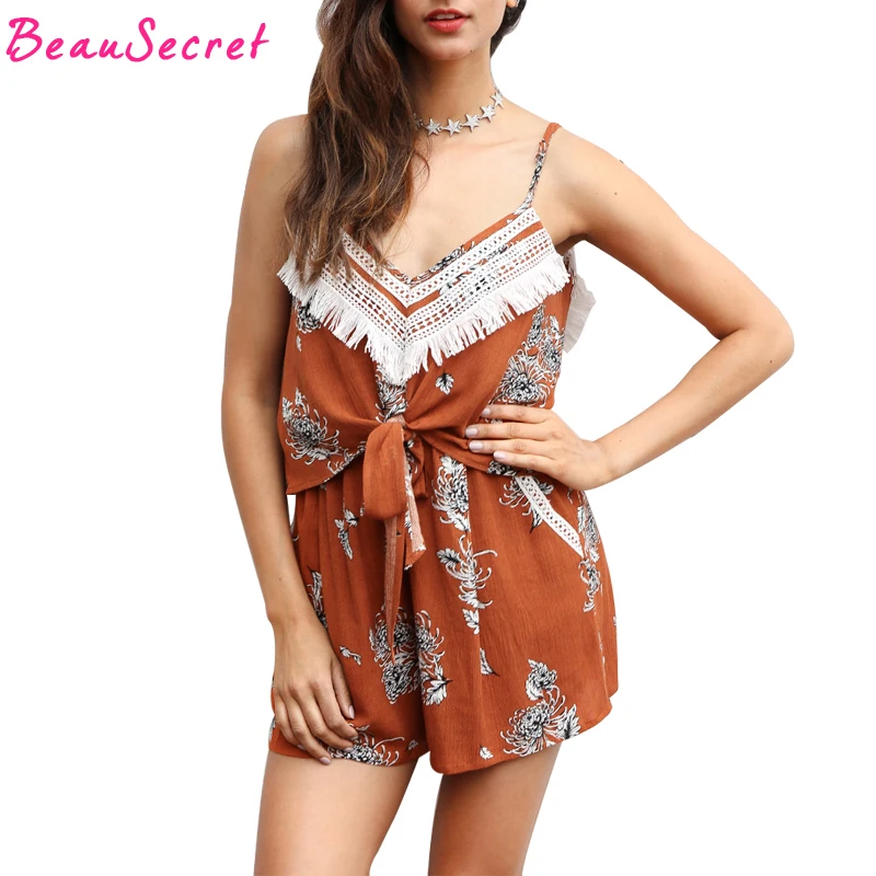 2018 Summer Sexy Playsuits Print Tassel Jumpsuit Women