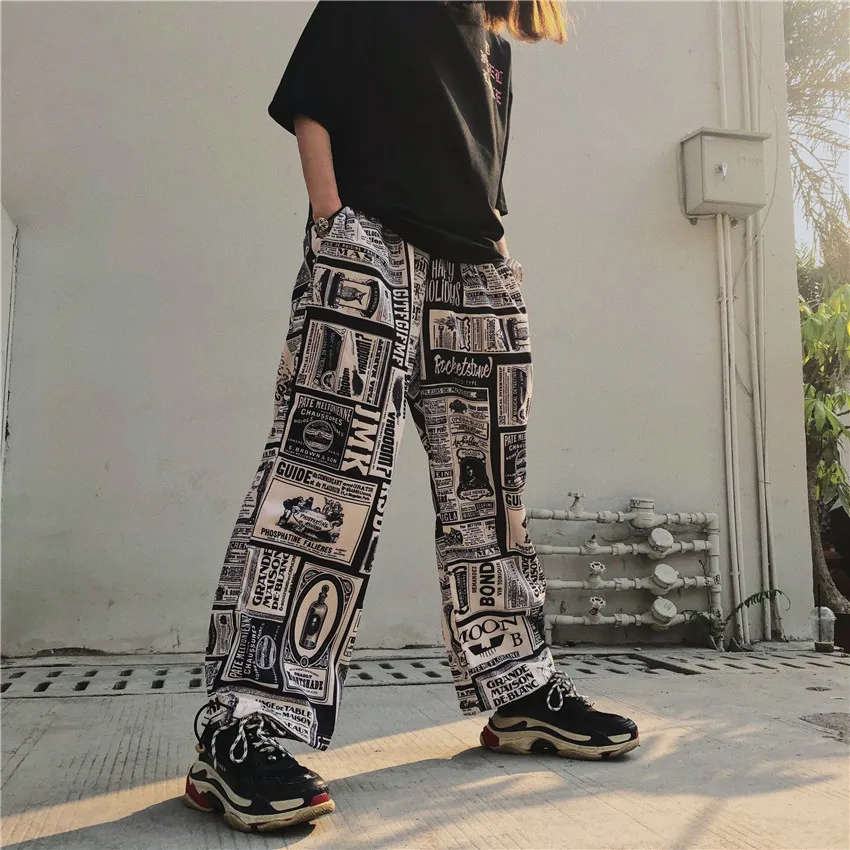 HOUZHOU Summer Newspaper Print Harajuku Vintage Loose Streetwear Harem Pants Women Wide Leg Trousers High Wasit Joggers Casual HOUZHOU Summer Newspaper Print Harajuku Vintage Loose Streetwear Harem Pants Women Wide Leg Trousers High Wasit Joggers Casual
