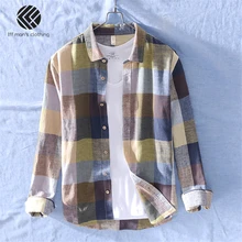 Мужские весенние и осенние модные брендовые китайские стильные винтажные цветные клетчатые хлопковые льняные рубашки с длинными рукавами, мужские повседневные тонкие рубашки