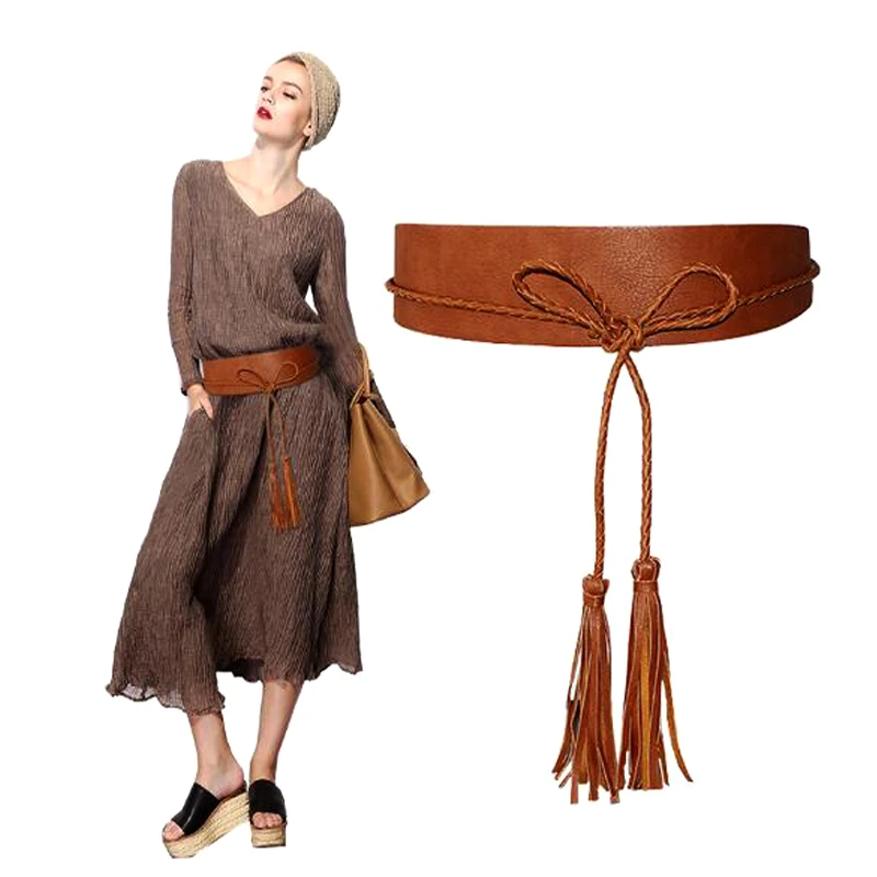 

New Women leather Belts Fashion Cummerbunds brand Design Tassel Waist Belt Cowhide Leather Wide Belts Female Waistband For Dress