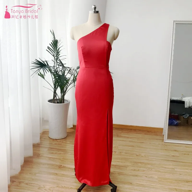 One shoulder Simple Style Red Bridesmaid Dresses Side Slit ...