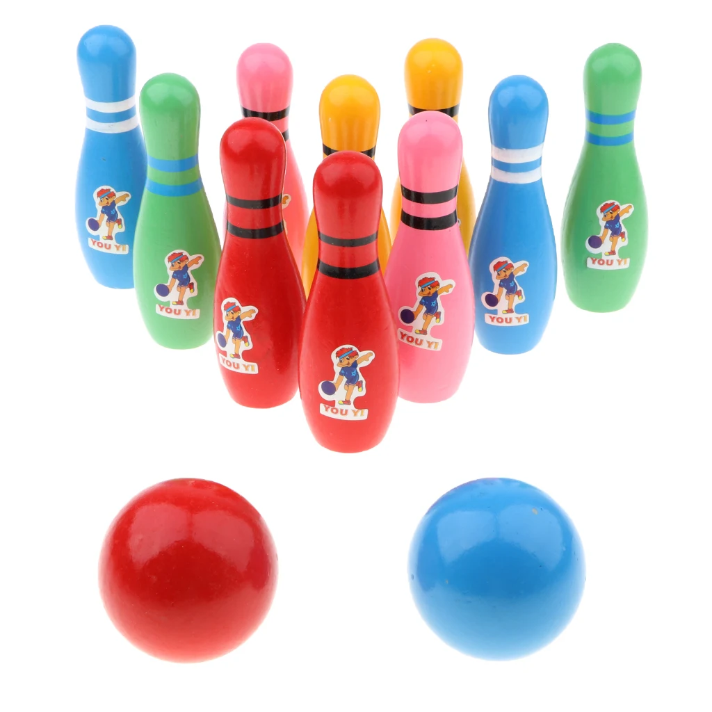 Children Wooden Bowling Ball Skittle 10 Bowling Pins 2 Balls Sports Fun Kids indoor Activity