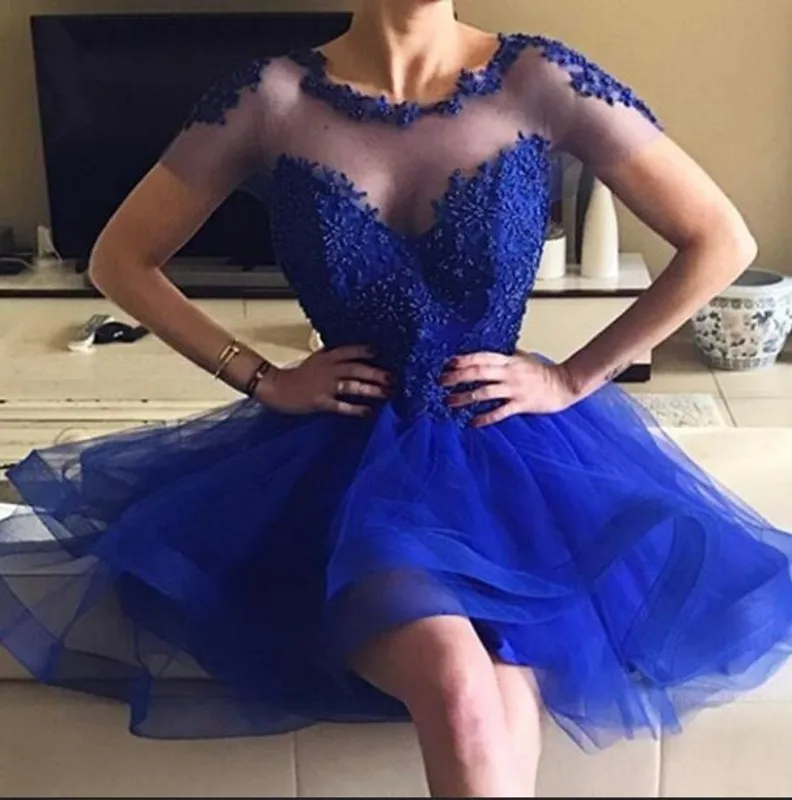 

Sweet Custom Made Scoop Collar Short Sleeve Royal Blue Organza Cocktail Dresses