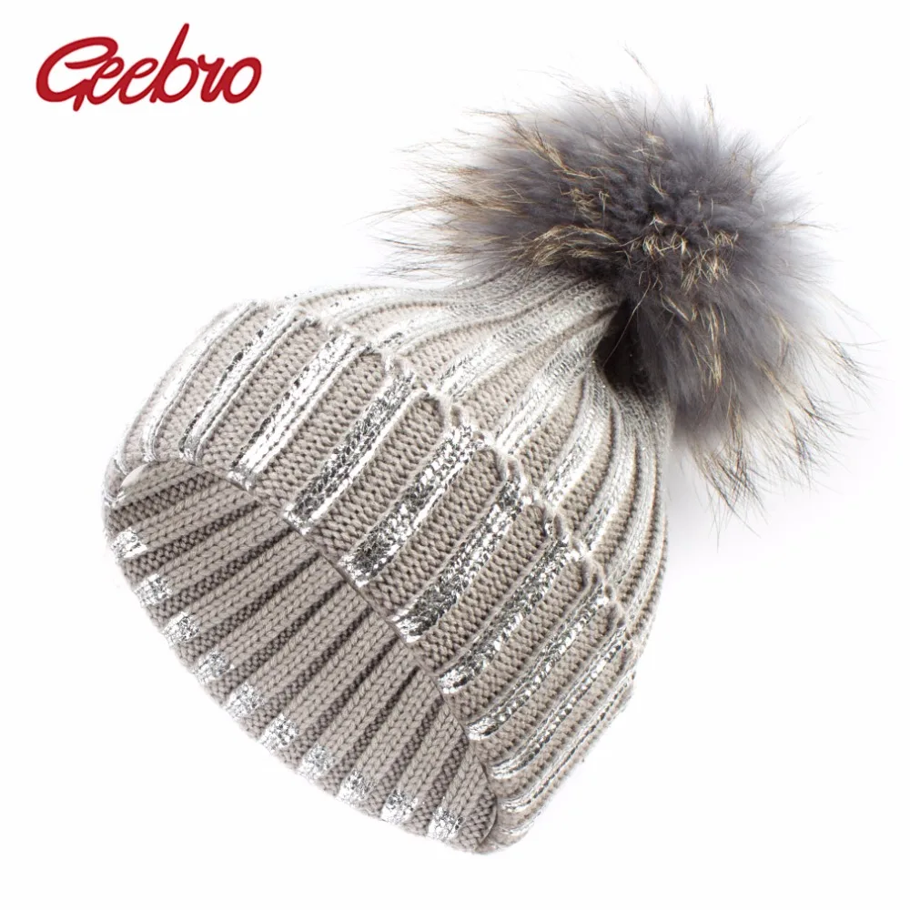 

Geebro Women's Bronzing Gold and Silver Beanies Hat with Raccoon Fur Pompon Winter Warm Acrylic Knitted Beanie For Ladies DQ125