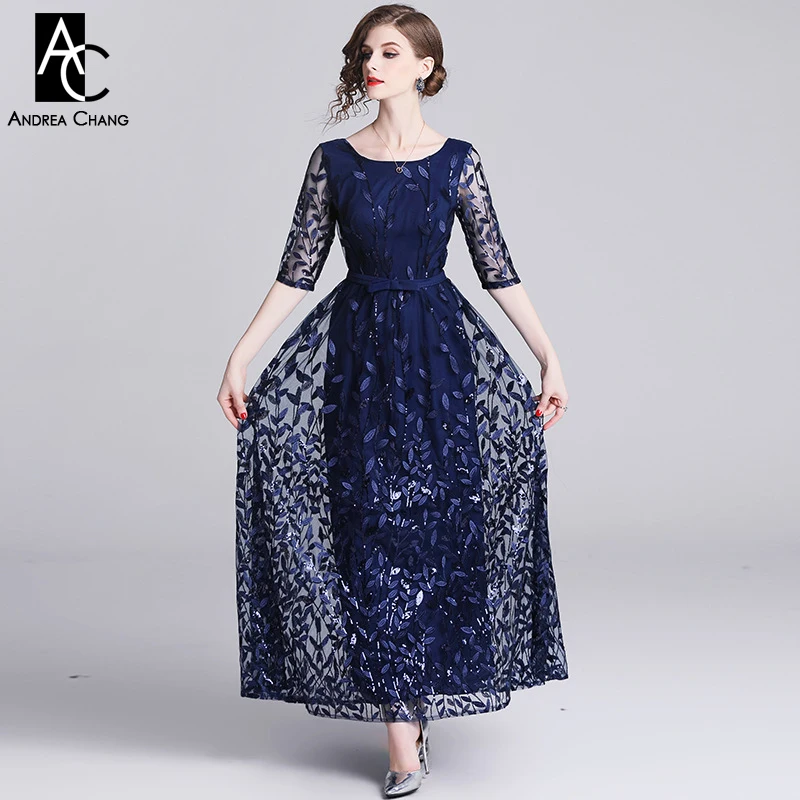 

spring summer woman dress leaf pattern embroidery sequin beading dark blue dress ball gown fashion vintage ankle length dress