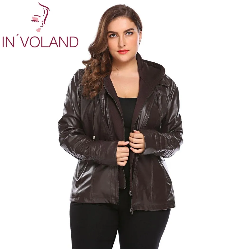 IN'VOLAND Big Size Women Jacket Coat Winter Autumn Hooded Long Sleeve Lady Large Faux-Leather Jacket Outerwear Plus Size 3XL IN'VOLAND Big Size Women Jacket Coat Winter Autumn Hooded Long Sleeve Lady Large Faux-Leather Jacket Outerwear Plus Size 3XL