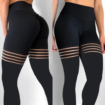 New Black Leggings Fitness Solid Sexy Mesh Patchwork Leggings High Waist Striped  Leggins Large Elasticity Jegging 3
