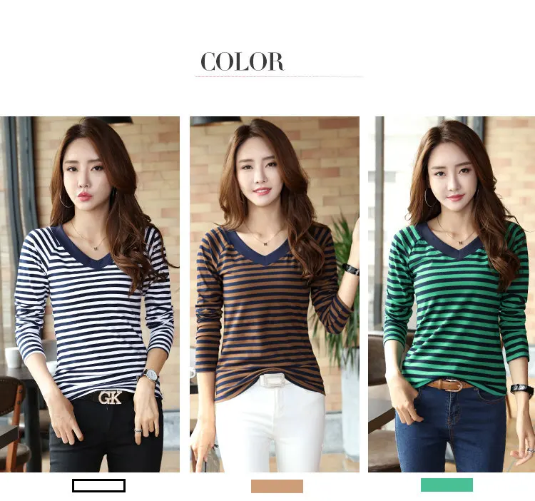2019 Fashion Green Striped Tops Tees Women Casual Plus Size T-shirt V-neck Long Sleeve Raya Camisetas Mujer Autumn Tshirt Women (1)