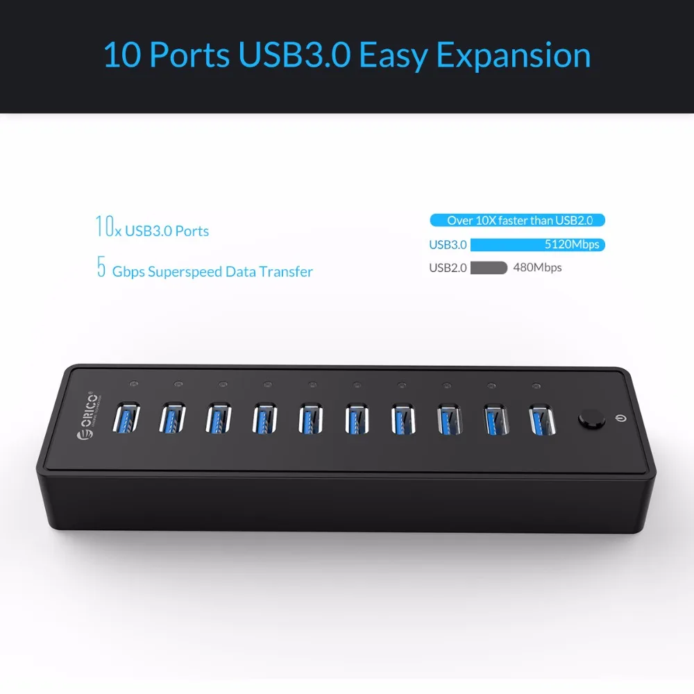  ORICO P10-U3 10 Port USB 3.0 HUB Desk USB Splitter With 3.3Ft / 1M USB3.0 Cable VL812 Chipsets 12V 