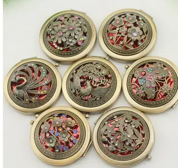

Engrave your logo bronze hollow out folding portable metal Crystal Make Up Mirror Wedding Favor Gift jk17