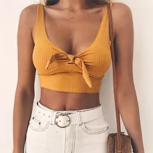 Ribbed Bow Tie Camisole Tank Tops Women Summer Basic Crop Top Streetwear Fashion 2019 Cool Girls Cropped Tees Camis Back Bow Top polka dot bow tie split back crop top