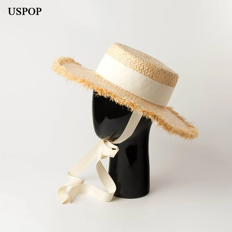 

USPOP 2019 New summer hats thickened raffia sun hats hand-woven lace-up straw hats rough edges flat top beach hat