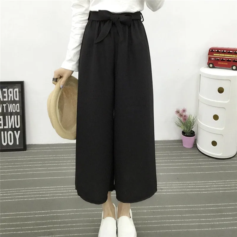 

Summer New Striped Style Black Loose High Waist Crop Casual Pants Women M-4XL Chiffon Wide-leg Pants Plus Size Drawstring Strap