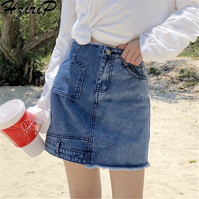 Goede Hzirip Hot Denim Rok Vrouwen 2018 Zomer Hoge Taille Korte Gat Jeans Rok Onregelmatige Sexy Individualit Rokken Womens Jupe Faldas