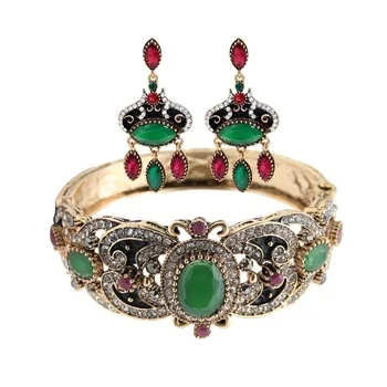 Hot Vintage Turkish Rhinestone Jewelry Sets Antique Gold Plating Hollow out Bangle Ring Ladies Engagement Party Favorite Bijoux