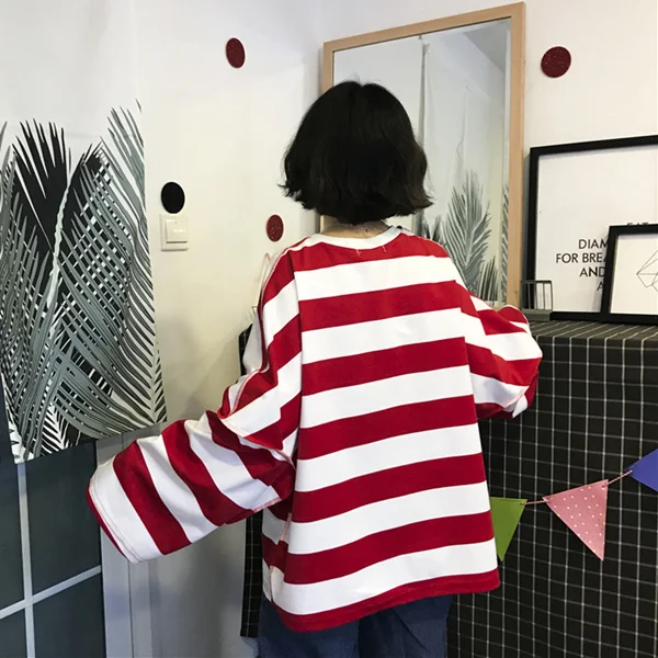 Осенняя одежда в Корейском стиле Ulzzang Harajuku свободная длинная полосатая толстовка