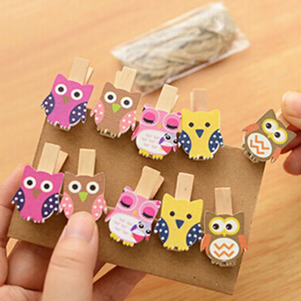 10pcs/pack Mini owl Wooden Photo Paper Peg Pin Clothes pin Craft Postcard Clips Home Crafts Decoration With Rope