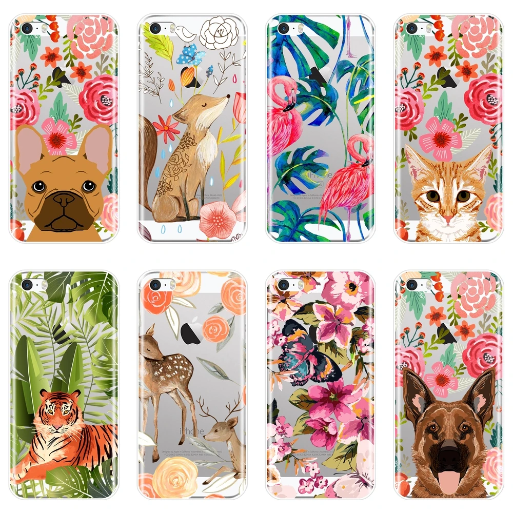 Phone Case For Apple iPhone 4 4S 5 5C 5S SE Silicone Flower Pug Dog Cat Flamingo Fox Deer Soft Back Cover S | Мобильные телефоны и