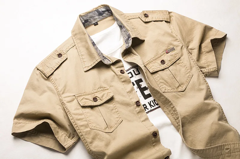  2019 New Men's Cargo Tactical Shirts 100% Cotton Short Sleeve Work Brand Military Shirt Chemise Plu