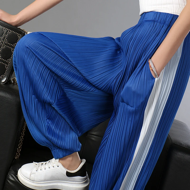Шифон шаровары женские серии 2018 Весенняя мода новый Ruched Side Stripe эластичные
