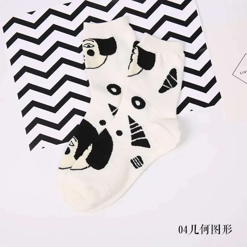 Японский стиль, крутые сексуальные женские короткие носки с забавным рисунком головы, хлопковые забавные хипстерские художественные носки до лодыжки, черно-белые стильные носки Harajuku Sox