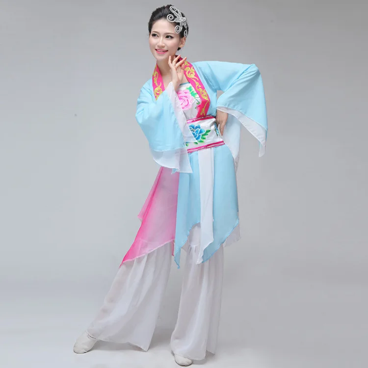 중국 고전 무용 의상 Yangko Dance Blue 의상 여성 국립 댄스 드럼 무대 공연 옷을