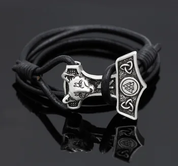 Norse Viking Fox Thor Hammer Pendant Valknut Symbol Leather Bracelet  Couple Keychain