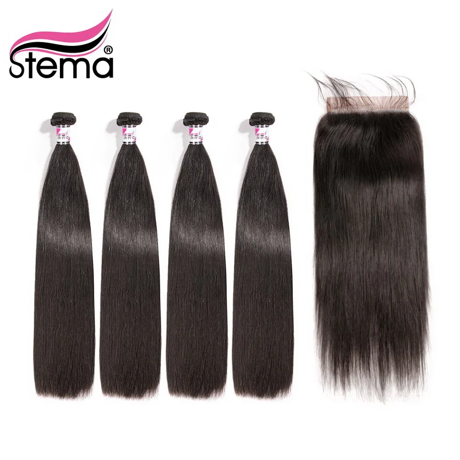 

Stema Straight 4 Bundles with 6x6 Lace Closure Brazilian Remy Human Hair Extensions Weaving Free Shipping