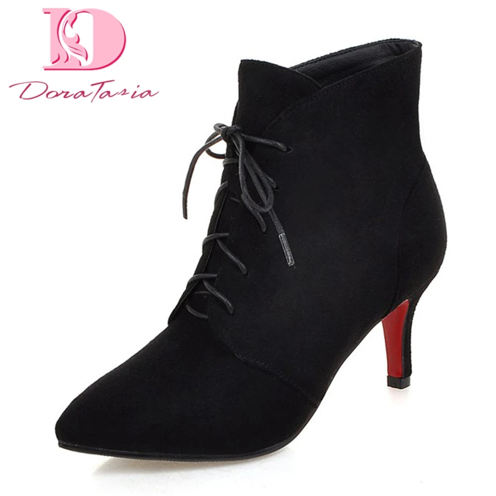 

Doratasia 2018 plus size 32-43 Pointed Toe Lace Up Woman Boots Female Shoes Women thin High Heels Warm Winter ankle Boots Woman