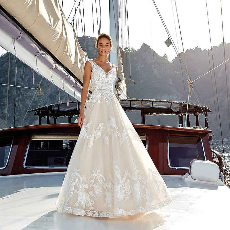 

LORIE Beach Wedding Dress A Line Elegant V Neck Tulle Backless Princess Bride Dress Long Wedding Gown Boho Wedding Gowns