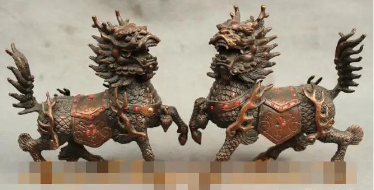 SHUN 6&quot Chinese FengShui Red Bronze Guard Dragon Kylin Unicorn Lion Beast Statue Pair | Дом и сад