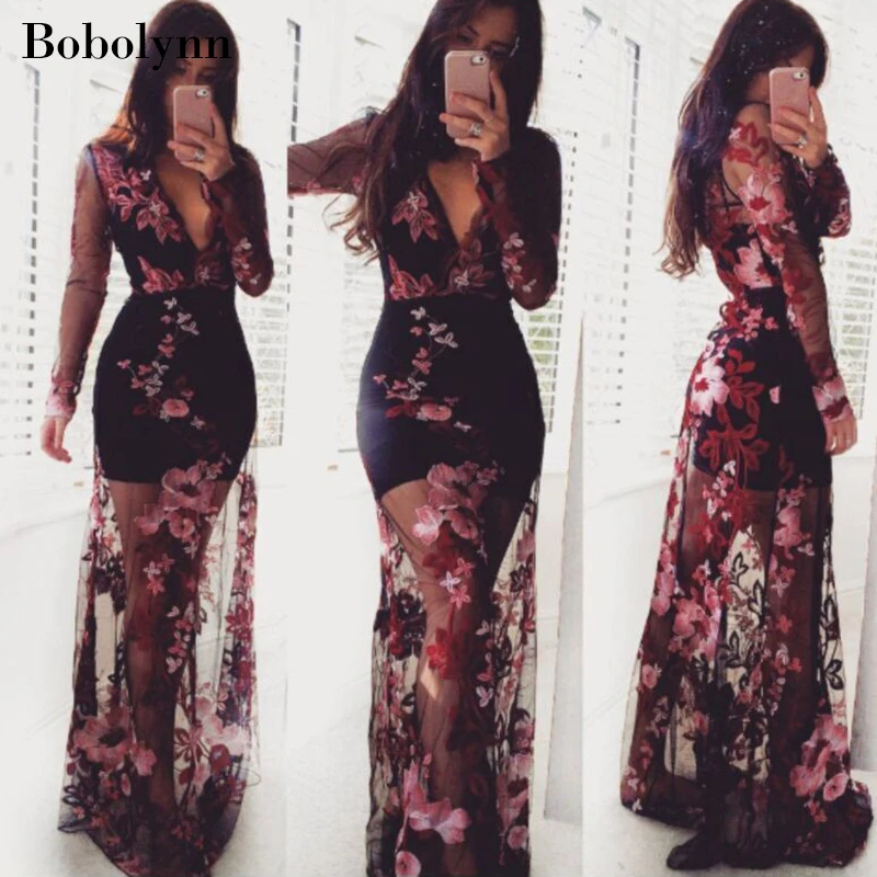 Summer Black Sexy Wrap Mesh Transparent Dress to the Floor Women