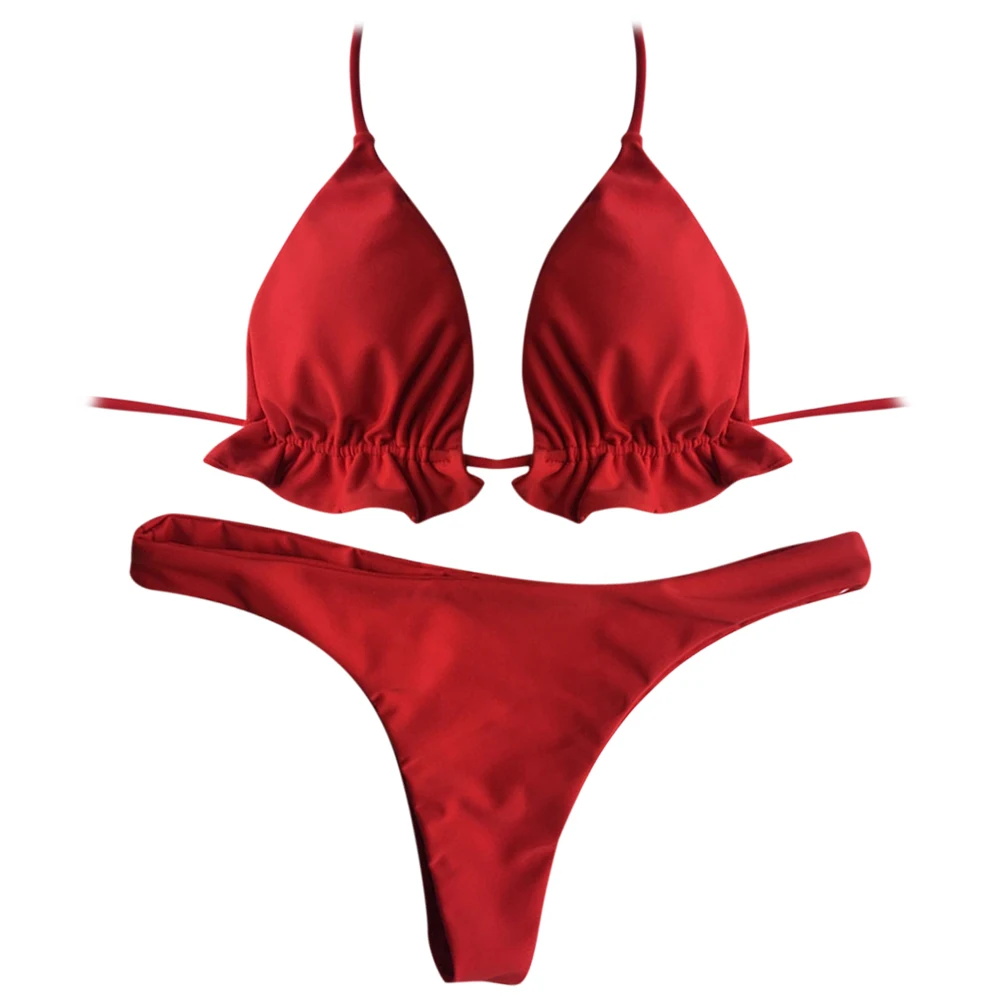 

LANGSTAR Bikini Halter Backless Swimwear Women Swimsuit Tied Strap Ruffle Solid Low Waist Thong Bikini Set Biquni Bathing Suit