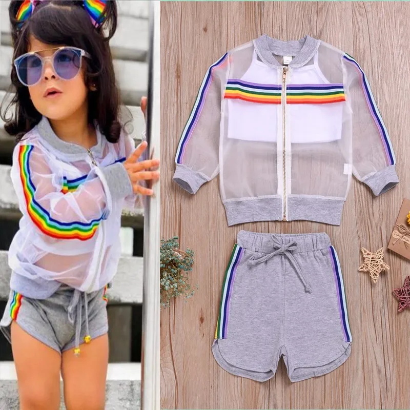 2019 NEW Girls Kids Summer Outfit Sport Suit 3pc Strip Baby Casual Suit
