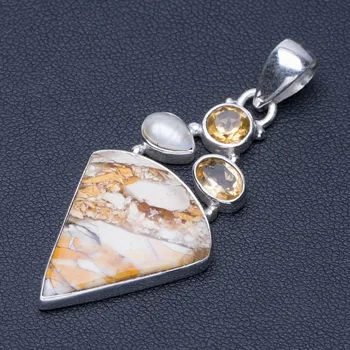 

Natural Brecciated Mookaite,River Pearl and Citrine Punk 925 Sterling Silver Pendant 2" Q0835