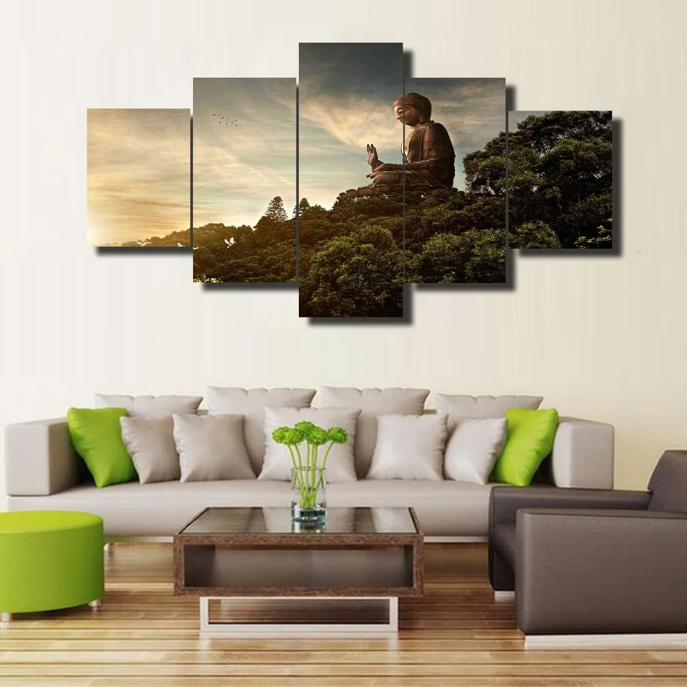 

New Hot Sell 5 Pcs HD Printed Buddha Painting Cuadros Landscape Canvas Wall Art Home Decor For Living Room Canvas Painting