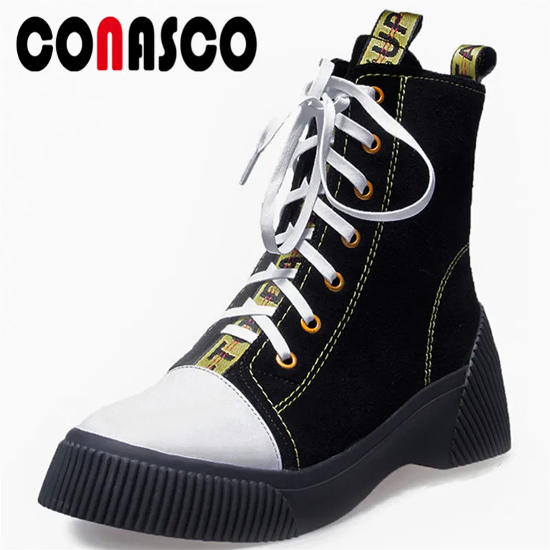 

CONASCO New Women Cow Suede High Heels Ankle Boots Corss-tied Warm Autumn Winter Motorcycle Boots Ladies Short Basic Boots
